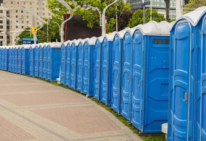 a line of portable restrooms at an outdoor wedding, catering to guests with style and comfort in Hendersonville